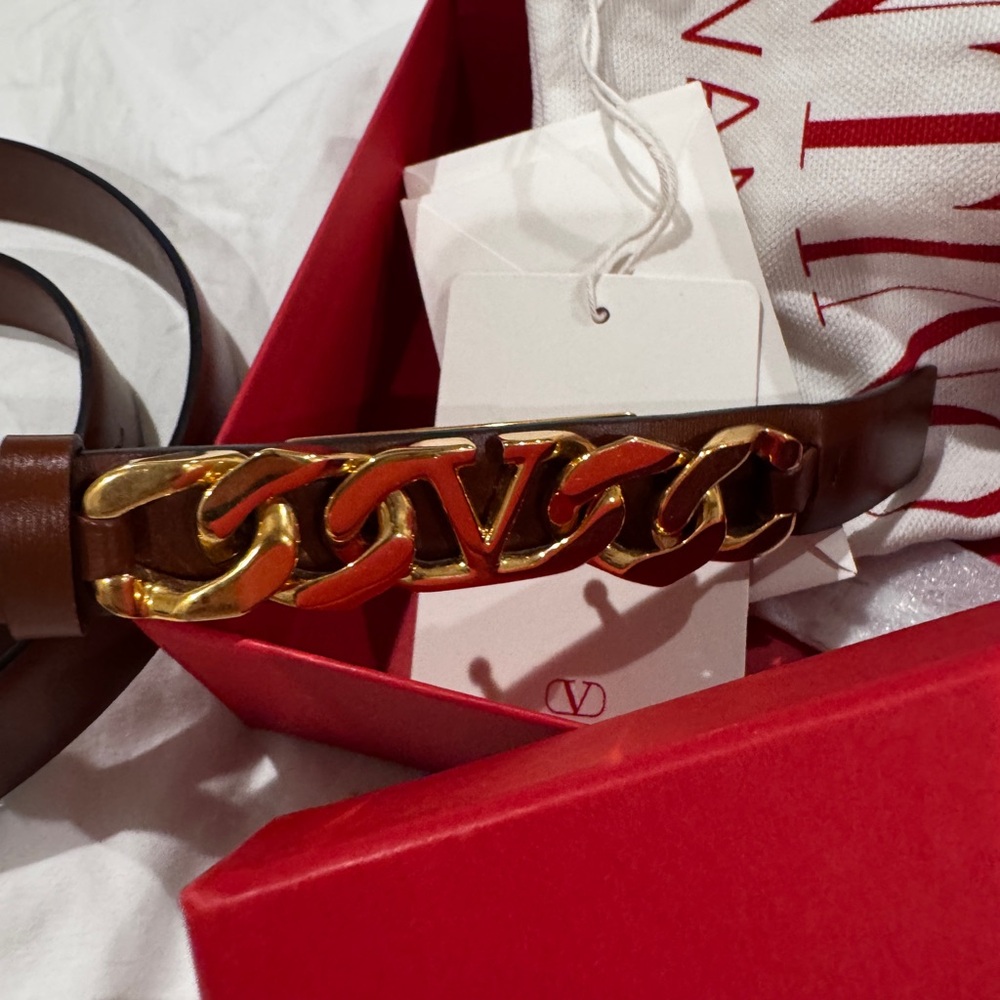 Valentino Garavani Brown Leather Belt with Gold Chain
